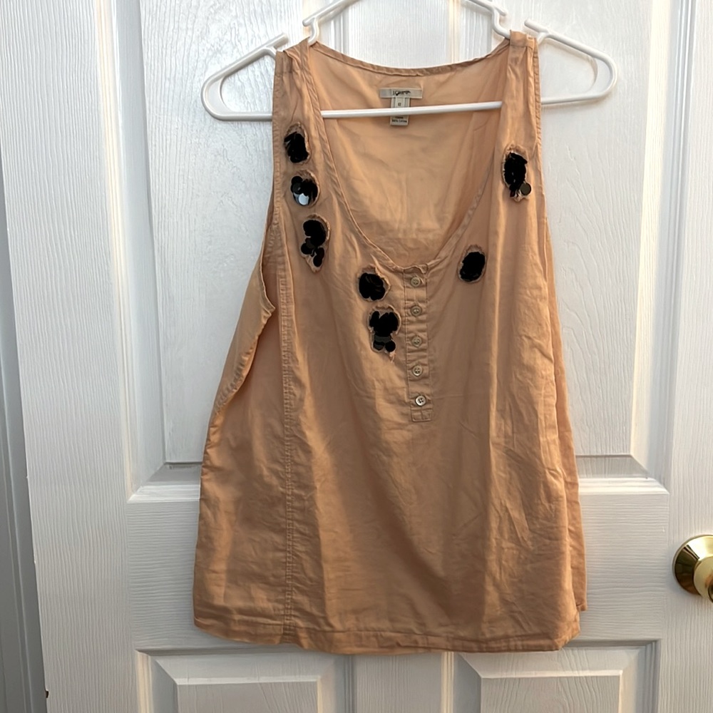 Tan JCrew Top with Black Sequin Flowers